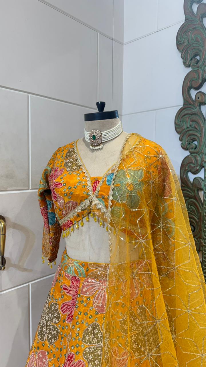Yellow multi colour lehenga