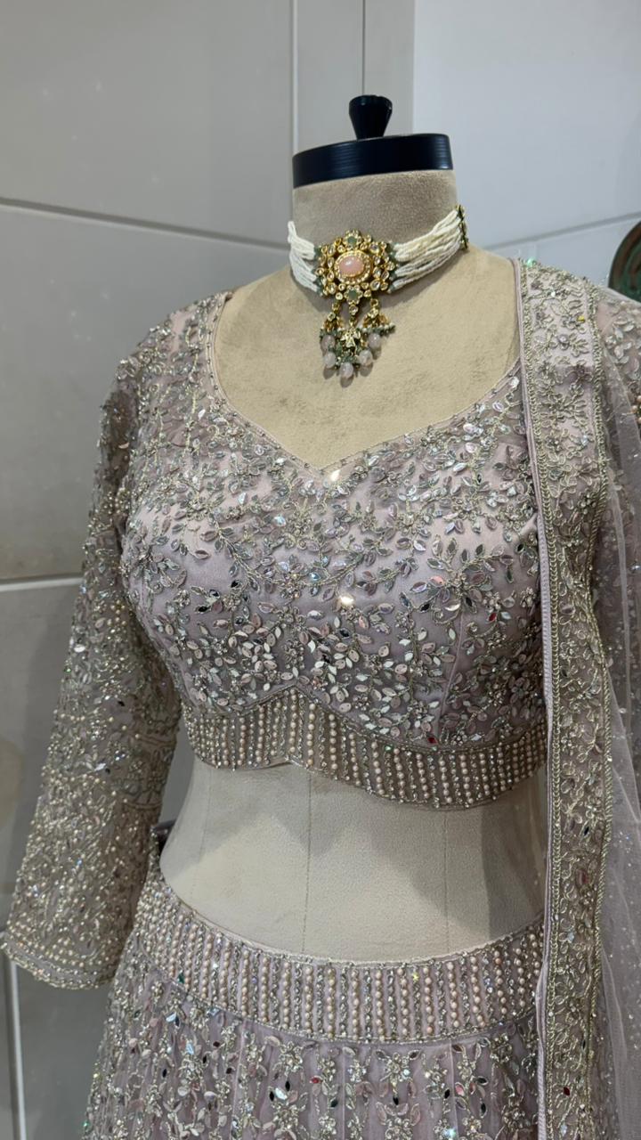 Silver Grey Mirror Work Lehenga,