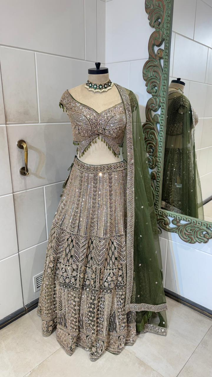 Olive Green Heavy Embroidered Zardozi Lehenga Set