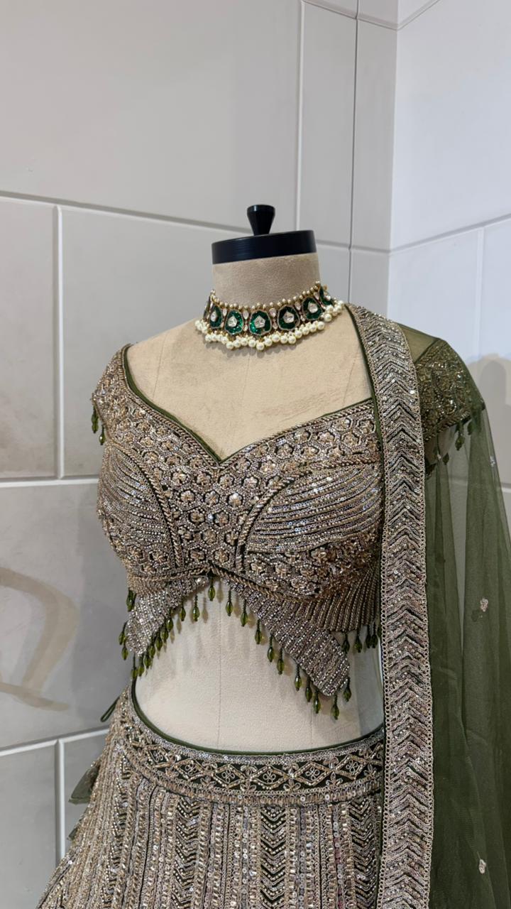 Olive Green Heavy Embroidered Zardozi Lehenga Set