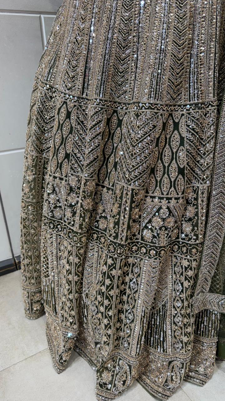 Olive Green Heavy Embroidered Zardozi Lehenga Set