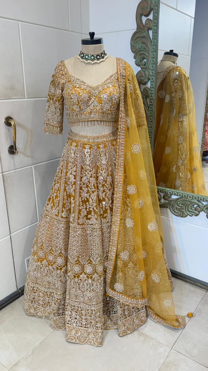 Golden Embroidered Lehenga with Mustard Dupatta