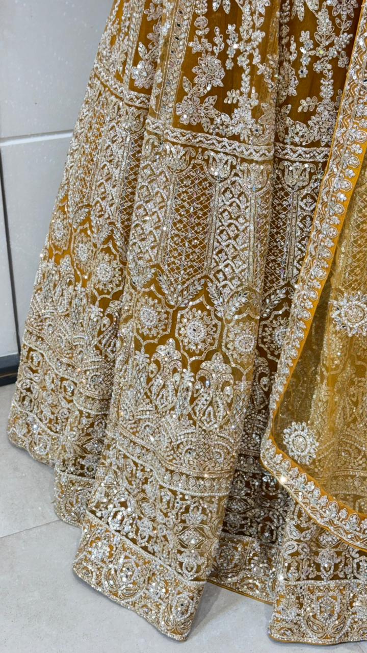 Golden Embroidered Lehenga with Mustard Dupatta