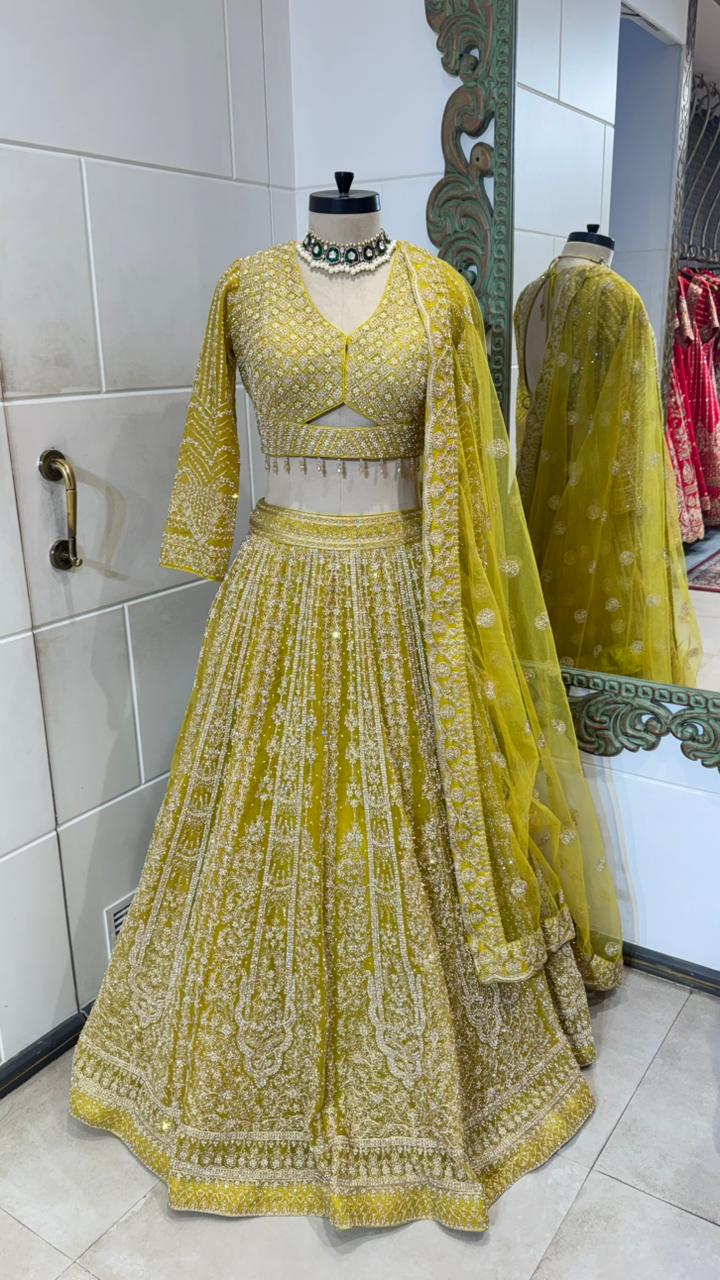Lime Yellow Embroidered Lehenga with Intricate Zari Detailing