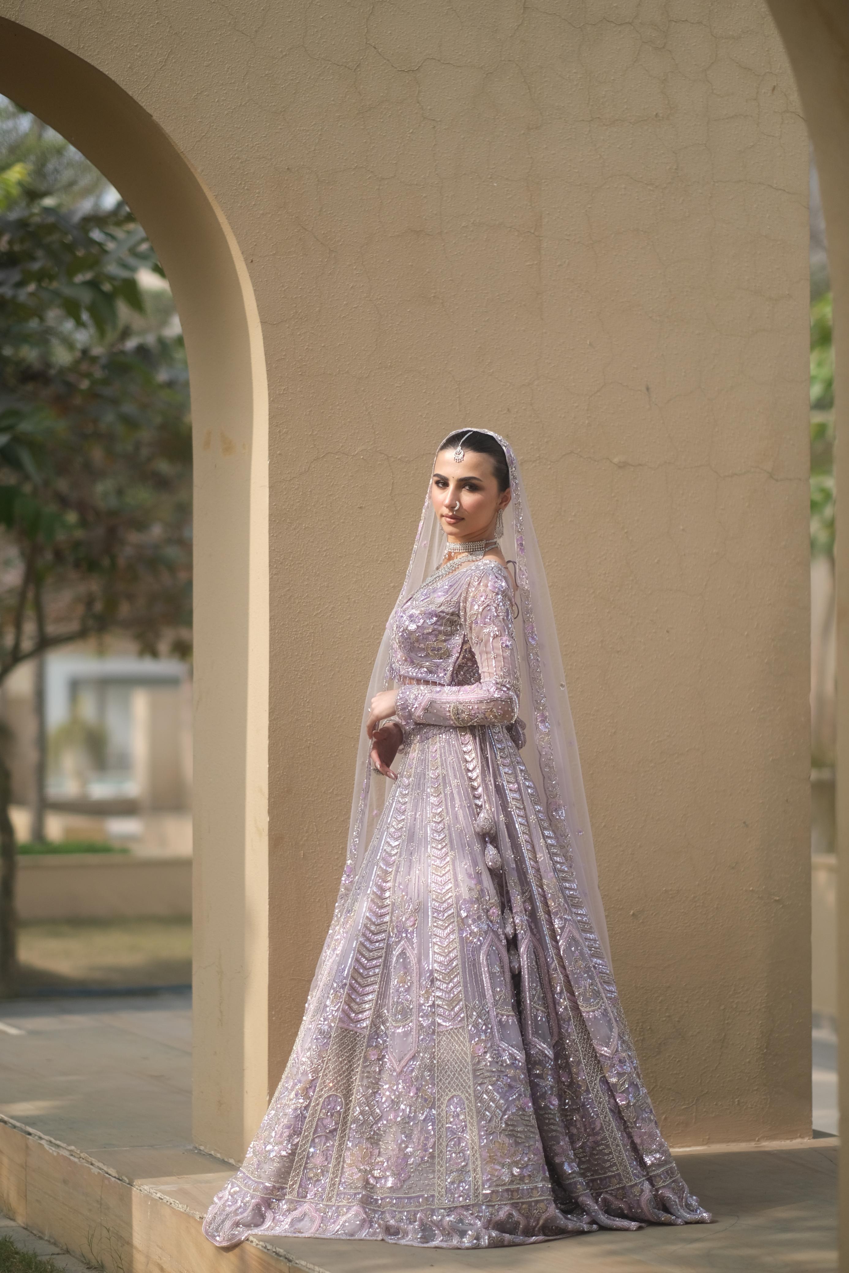Lilac Net Lehenga with Floral Embellishments
