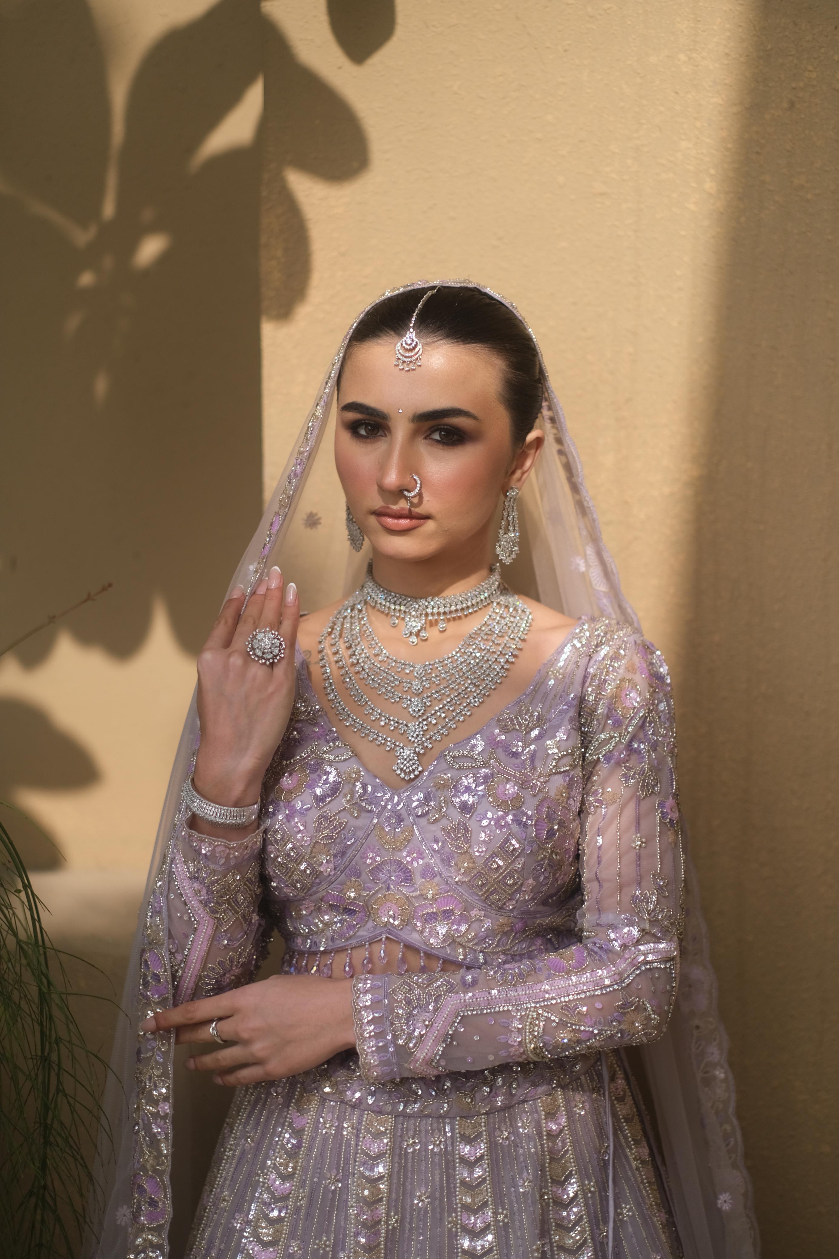 Lilac Net Lehenga with Floral Embellishments