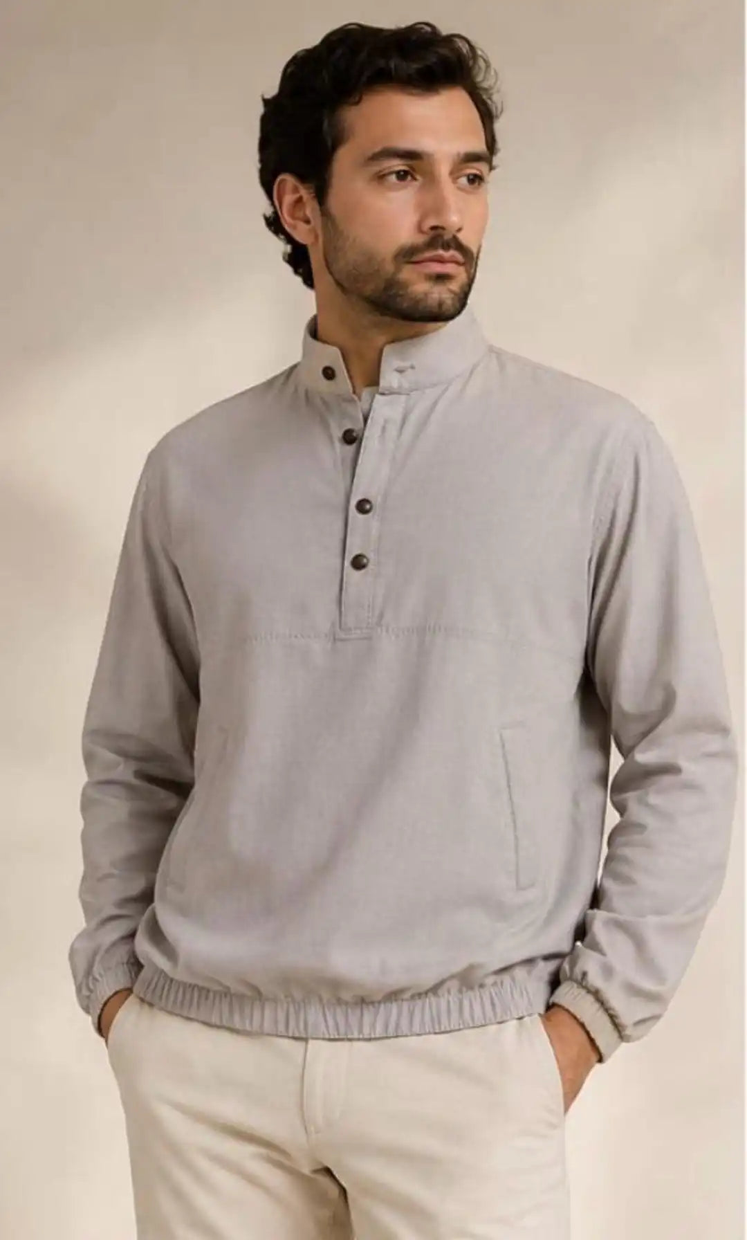 Grey linen shirt with Mandarin collar, wooden buttons and elasticated hem