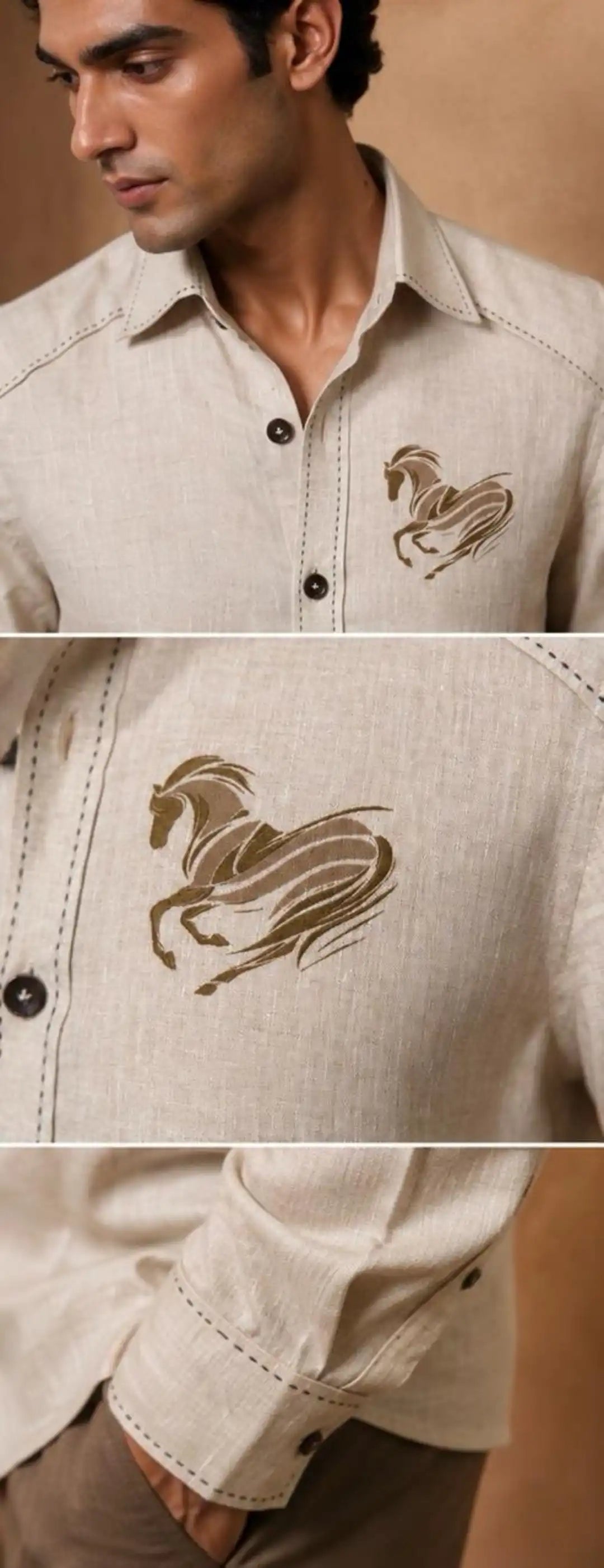 Linen shirt with printed horse figure with running stitch thread detailing