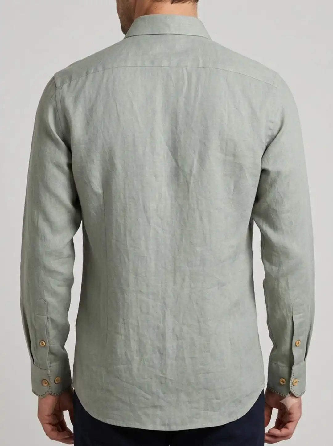 Sage green linen hand-painted shirt with signature leopard & tropical leaf artwork on chest