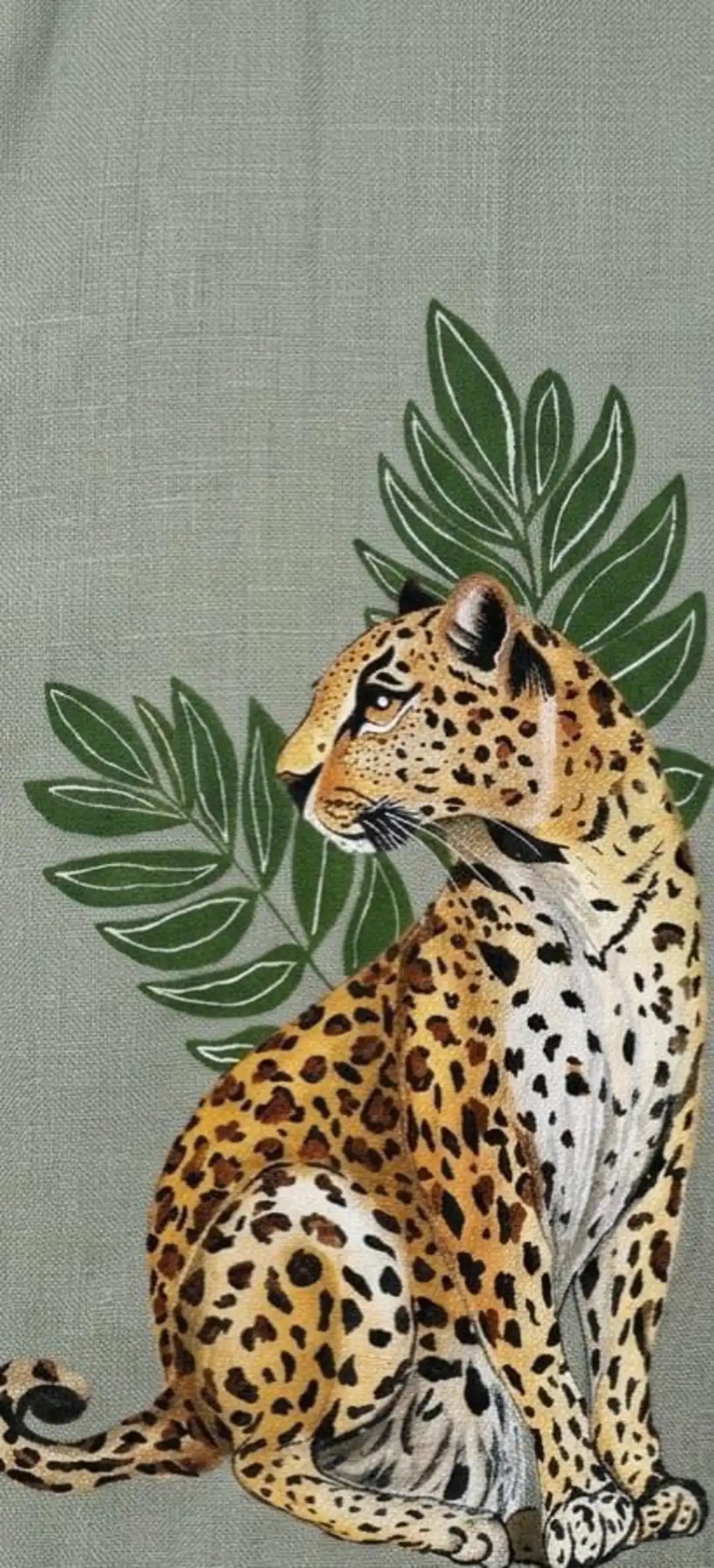 Sage green linen hand-painted shirt with signature leopard & tropical leaf artwork on chest