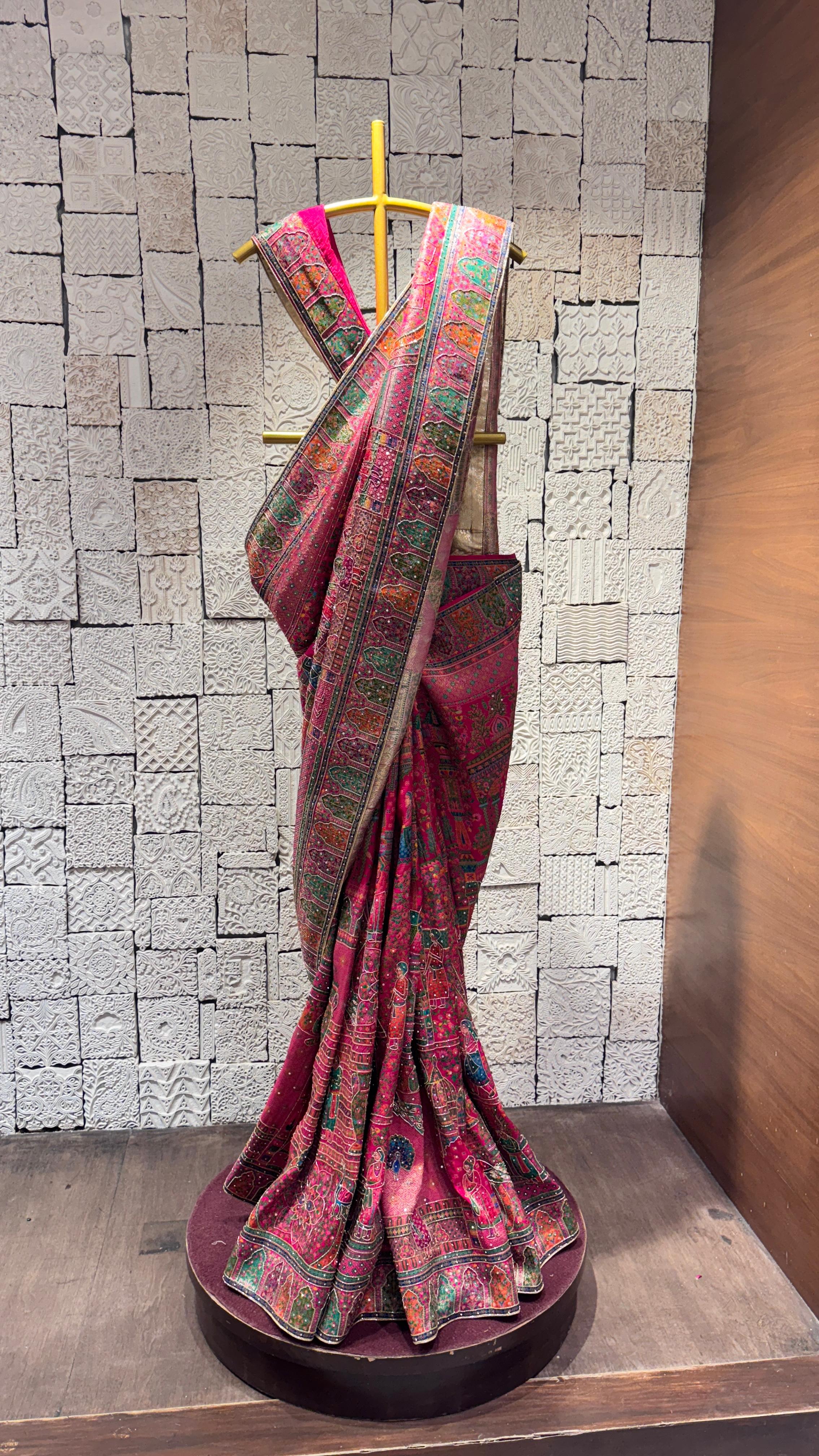 MULTICOLOR HAND EMBROIDERED SAREE WITH TRIBAL MOTIFS