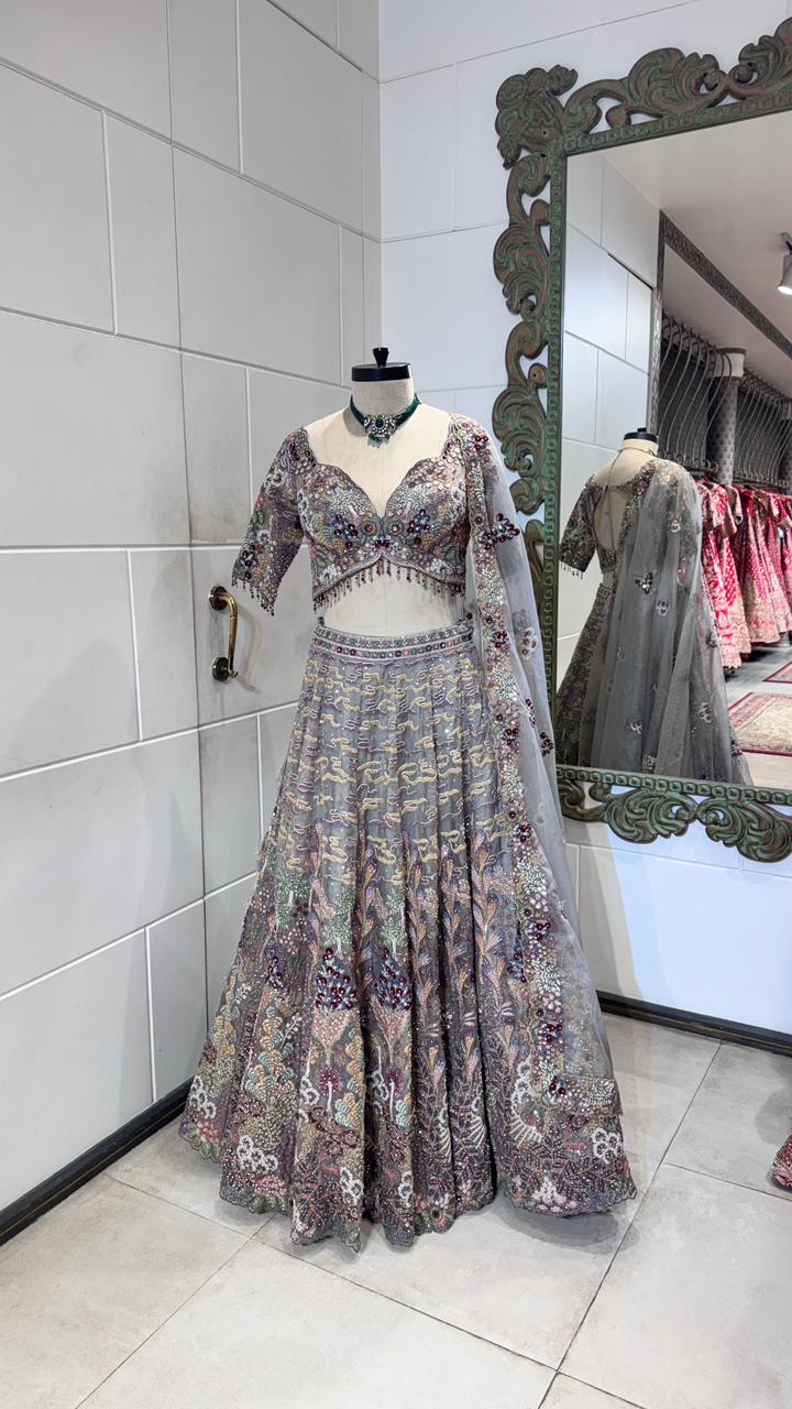 Grey floral lehenga