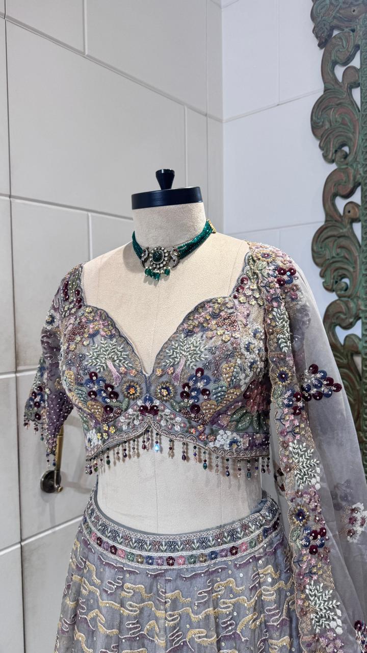 Grey floral lehenga