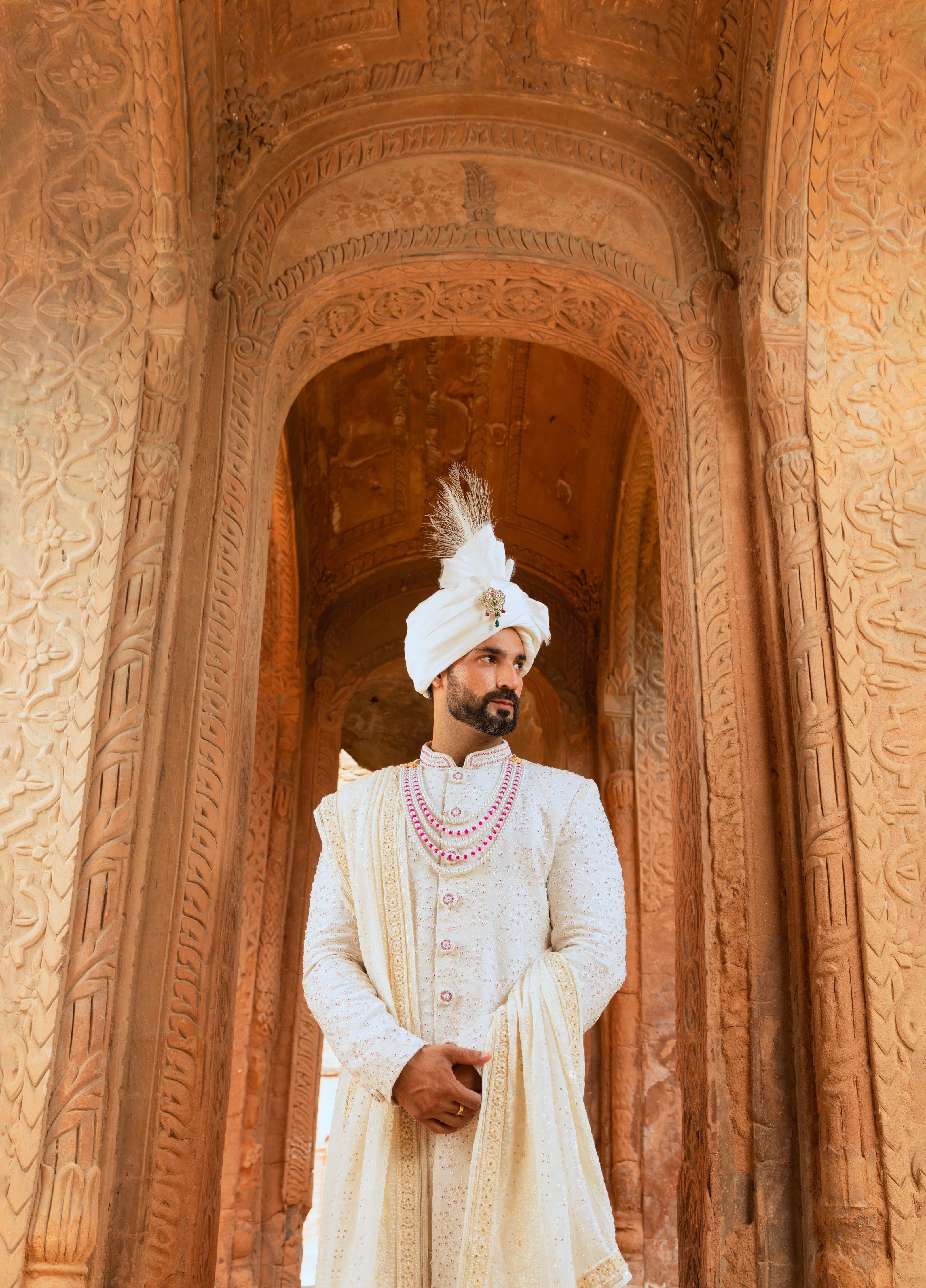 Ivory Georgette Sherwani with Threadwork Artistry and Glistening Beads