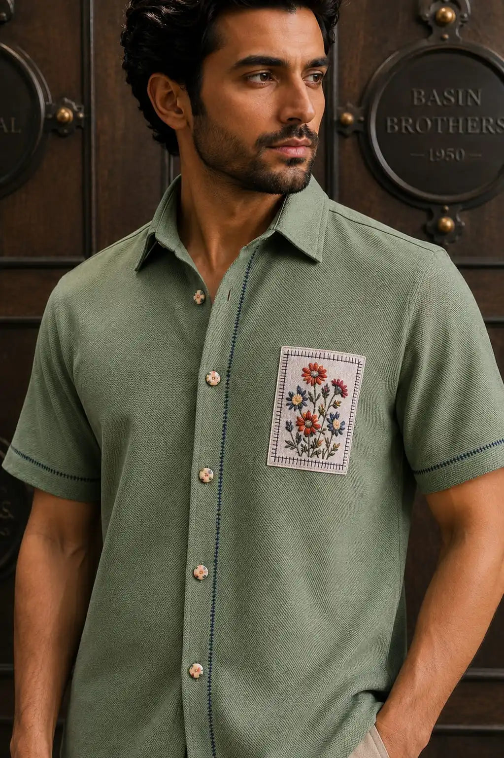 Embroidered green shirt Floral wooden buttons