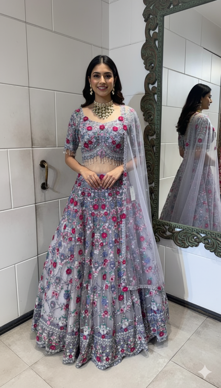 Grey and red flower lehenga