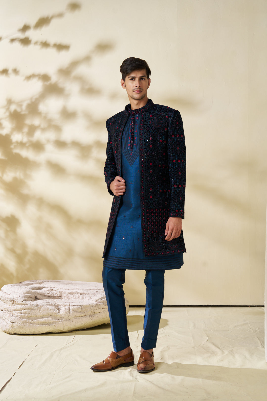 Blue Silk Indo-western jacket set with threadwork
