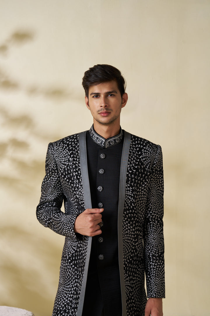 Black indo-western sherwani set with silver embroidery