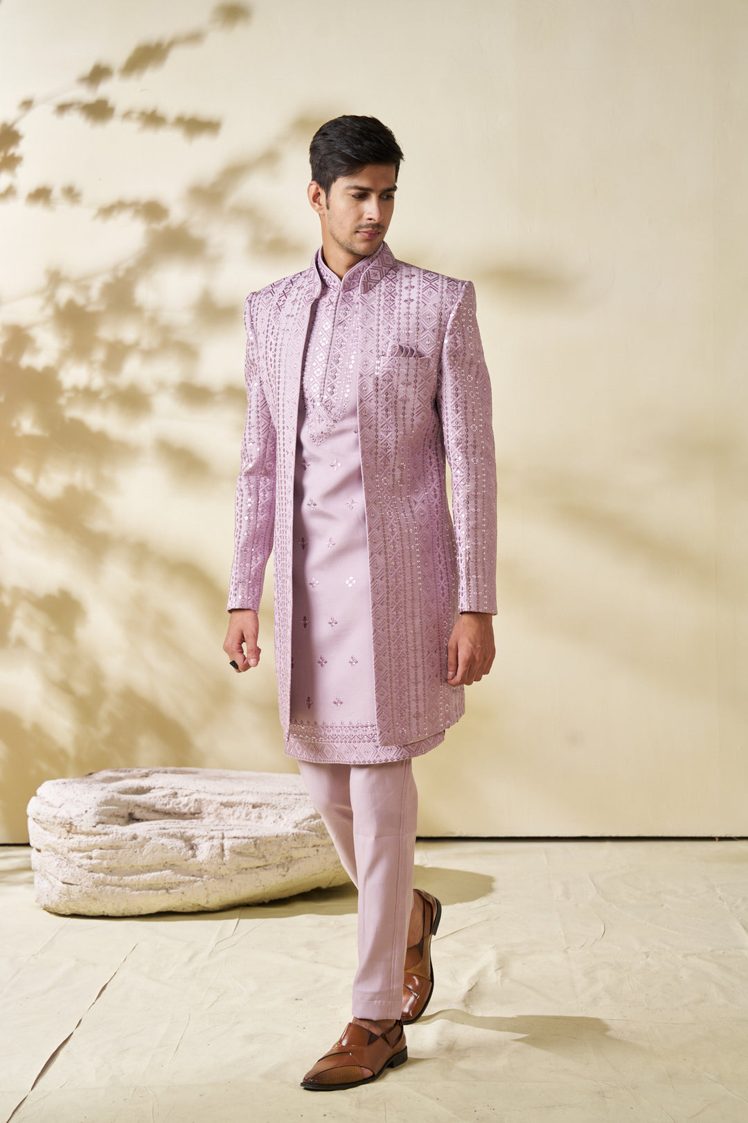 Purple silk indo-western jacket set
