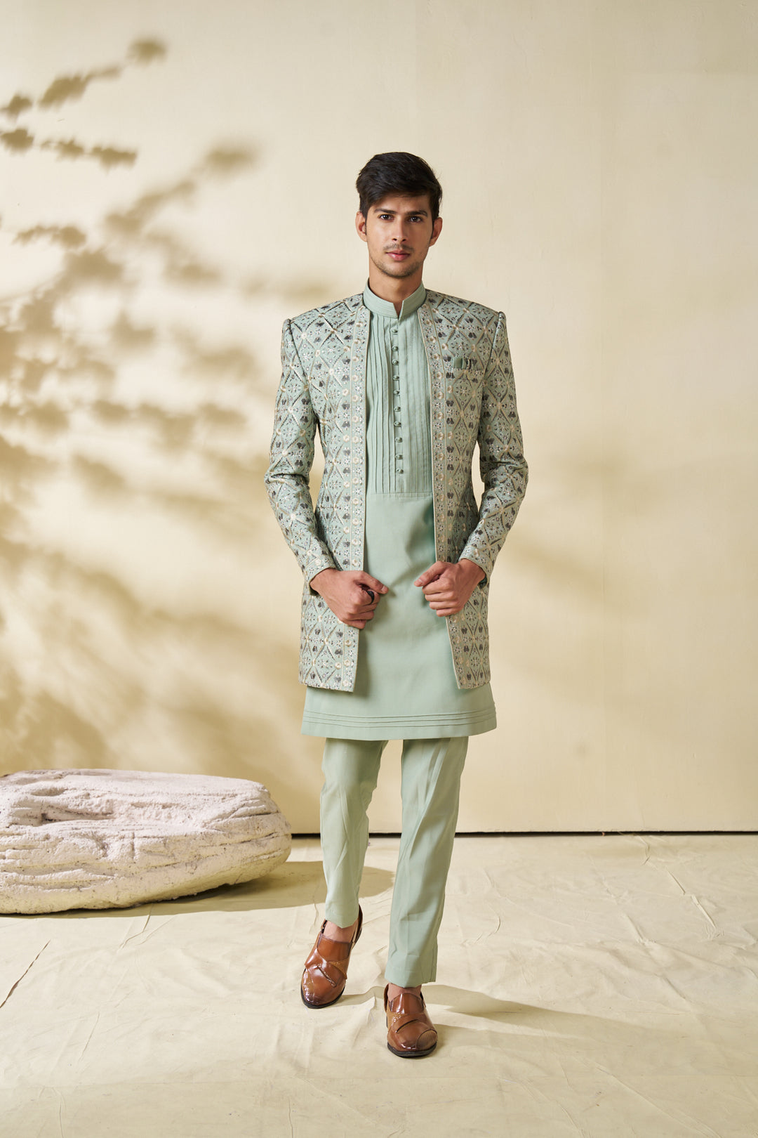 Pastel green indo-western jacket set with threadwork