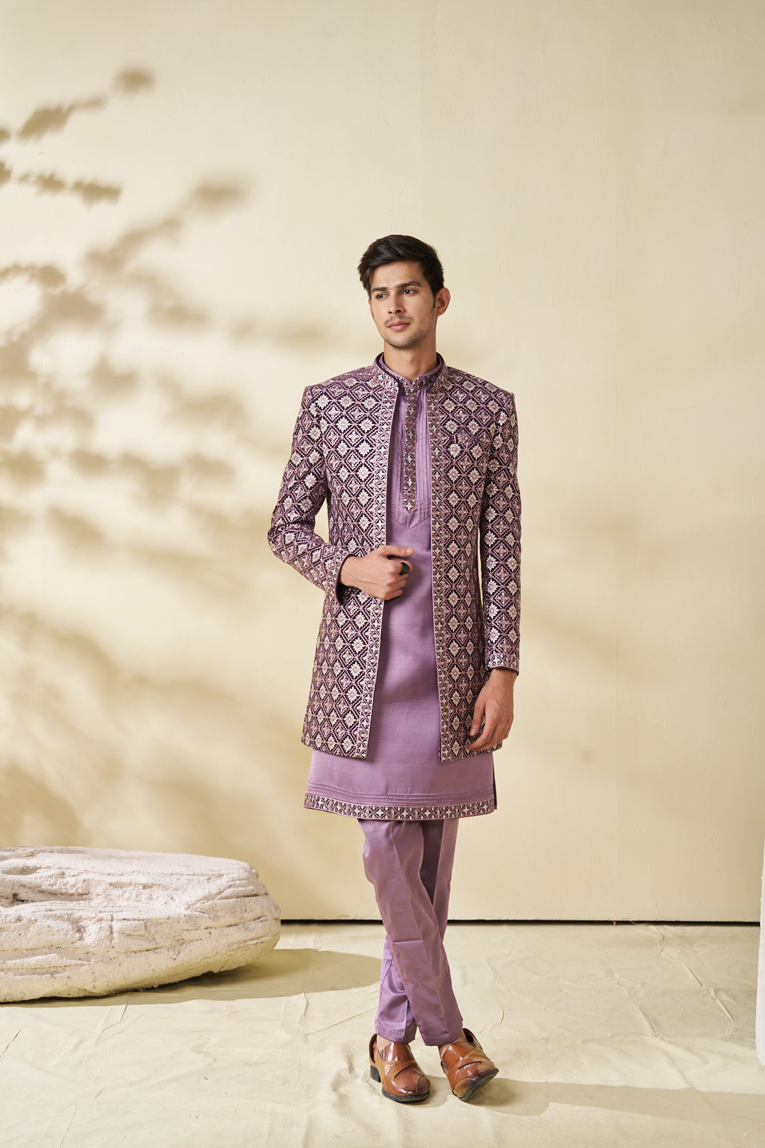 Purple indo-western jacket set with threadwork and embellishment