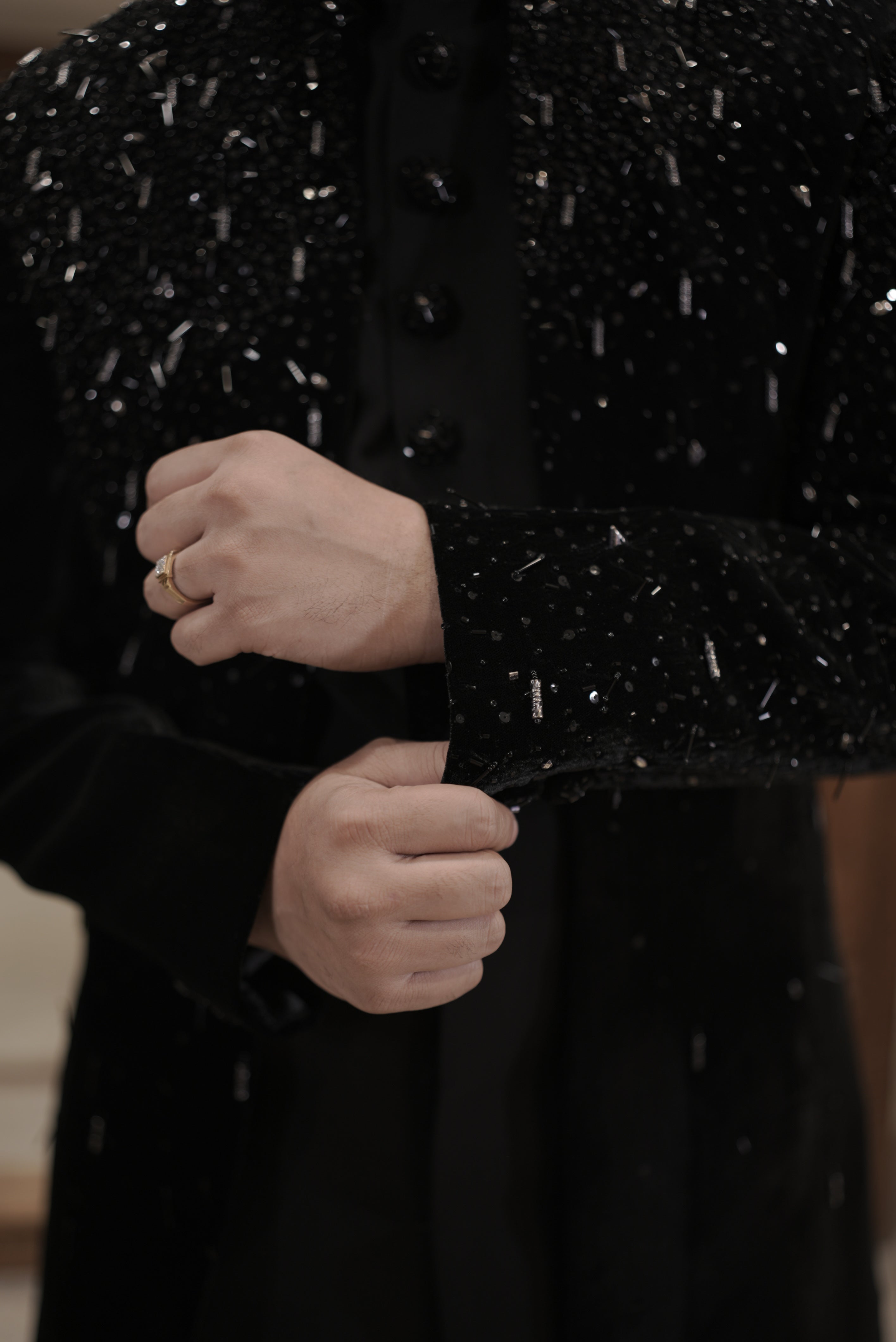 Black velvet indo-western sherwani with sequin embellishments