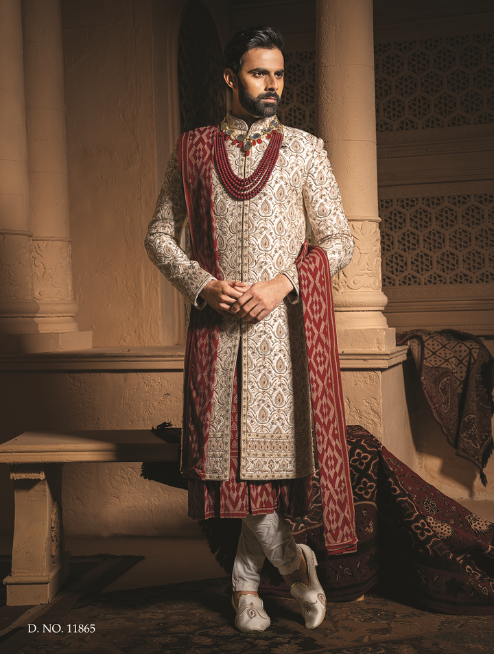 Ivory Silk Sherwani with contrasting embroidery (accessories included)