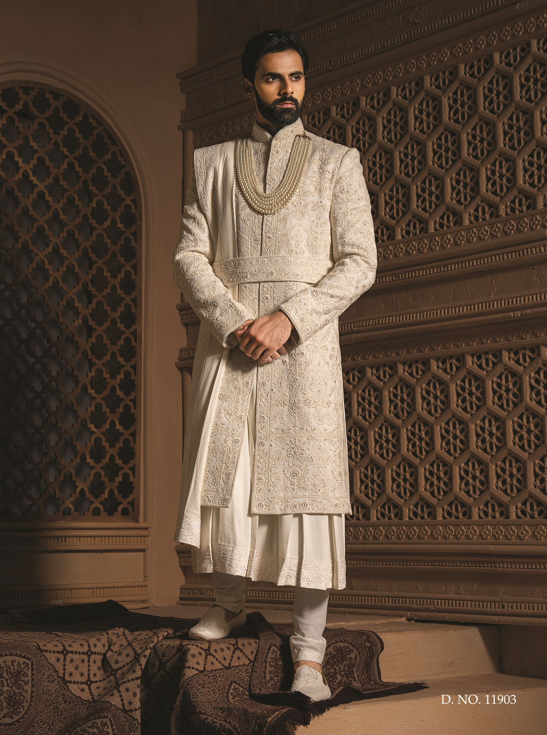Ivory Silk Sherwani with heavy handwork (accessories included)