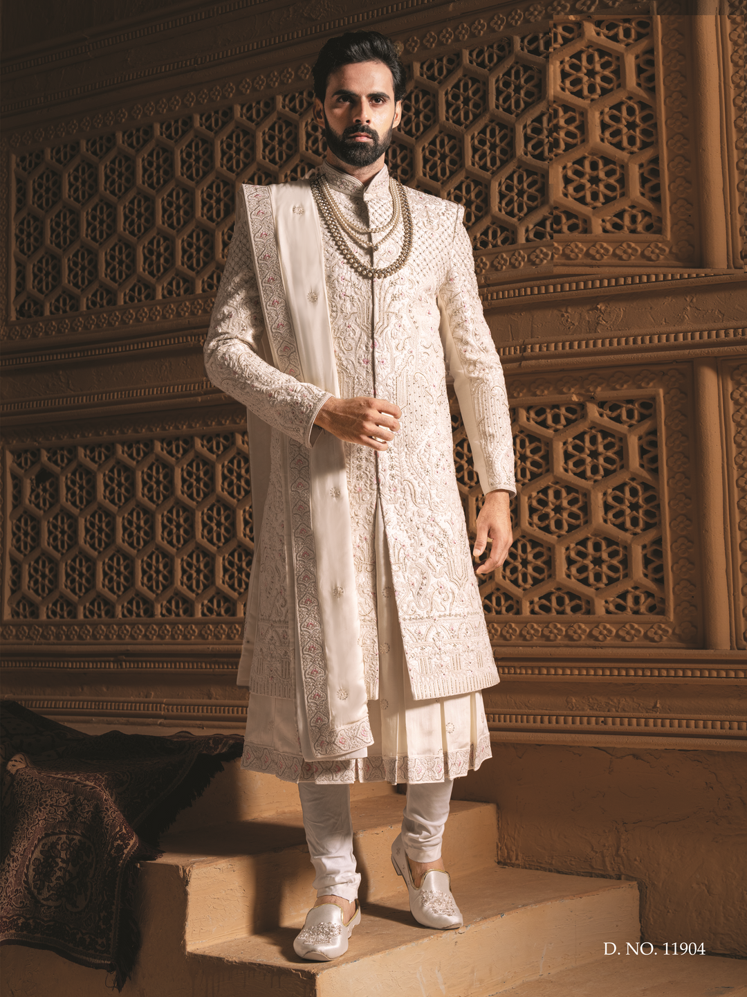 Ivory Men’s Sherwani with heavy embroidery with (accessories included)