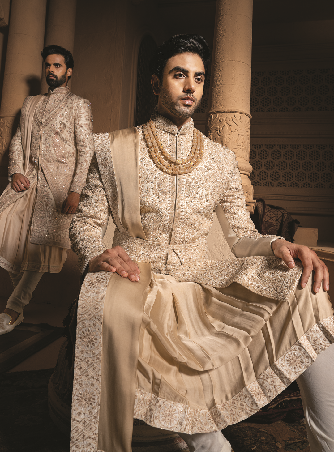 Gold Silk Sherwani with heavy embroidery (accessories included)