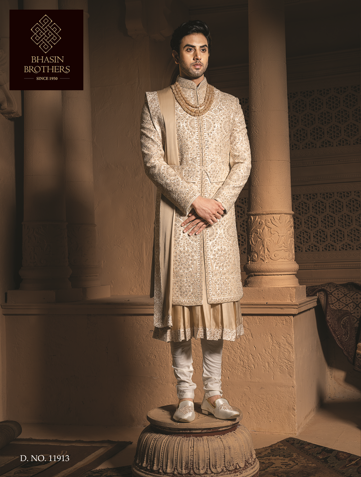 Gold Silk Sherwani with heavy embroidery (accessories included)