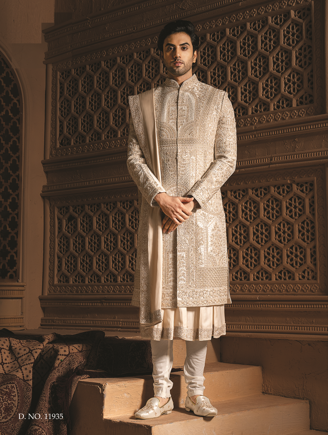 Cream Silk Sherwani with golden embellishments (ACCESSORIES INCLUDED)