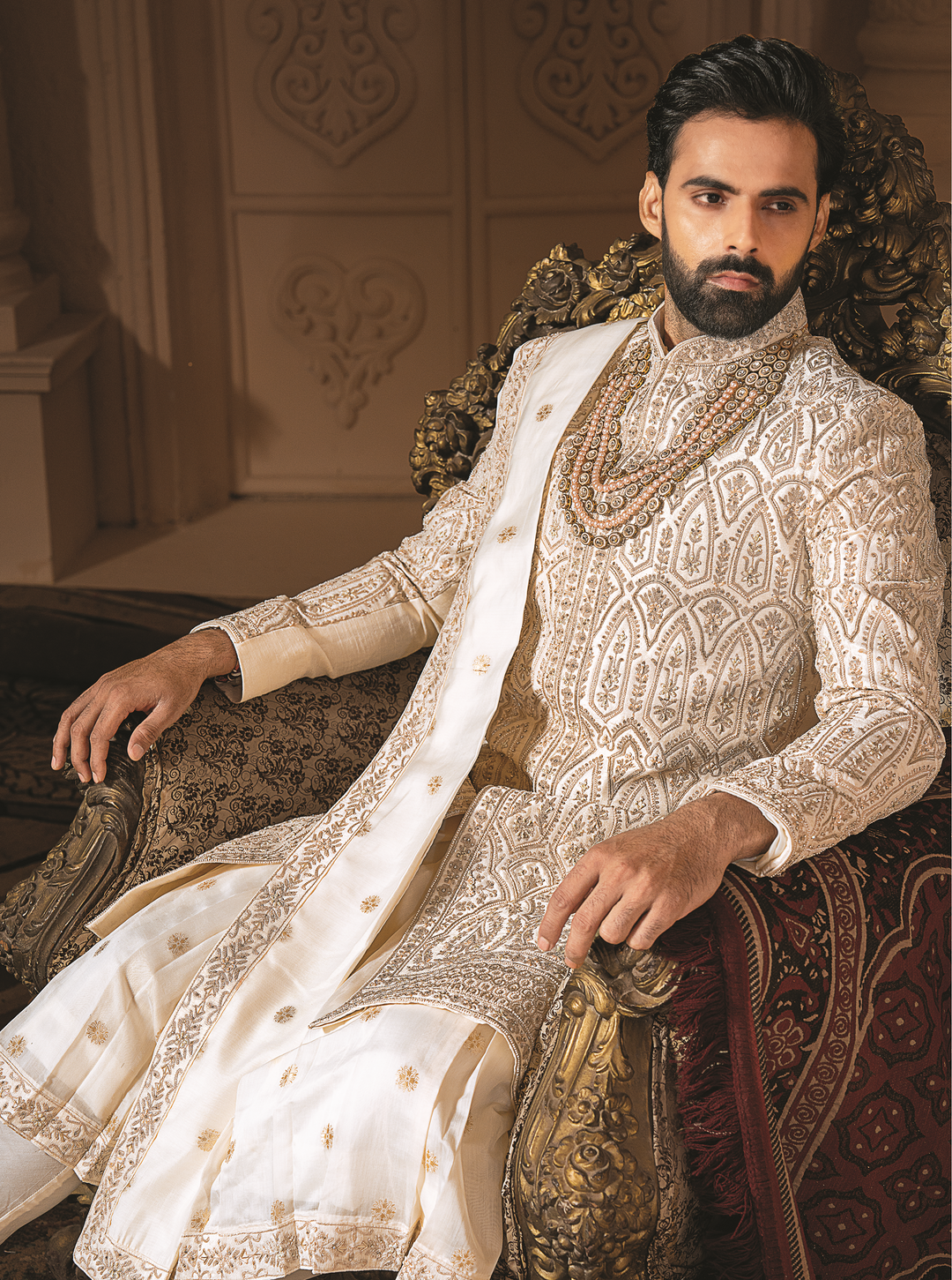 Ivory Silk Sherwani with golden embroidery (accessories included)
