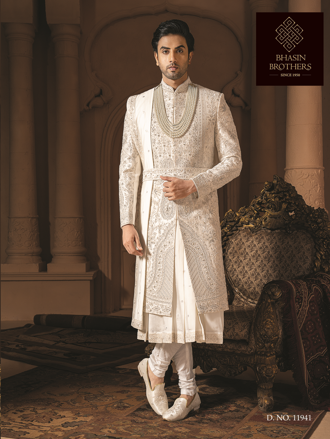 Ivory silk sherwani with silver heavy embroidery and waist belt (Sherwani set)