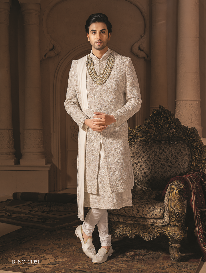 Ivory silk sherwani with golden embroidery