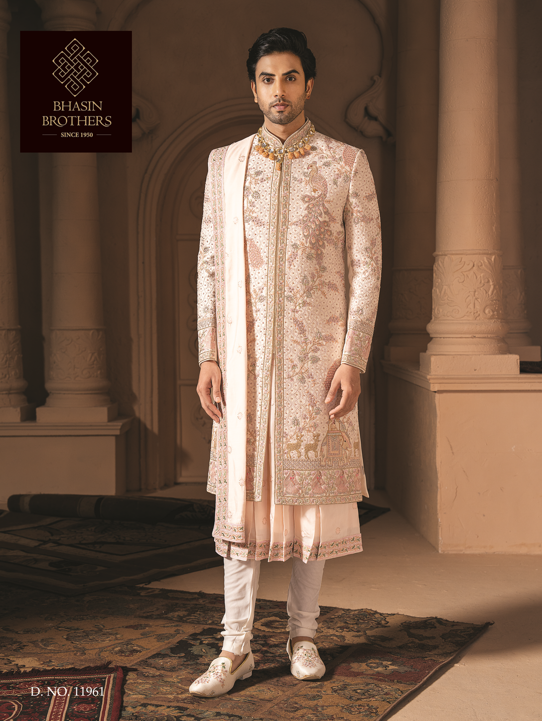 Pastel Pink Silk sherwani with floral embroidery (accessories included)