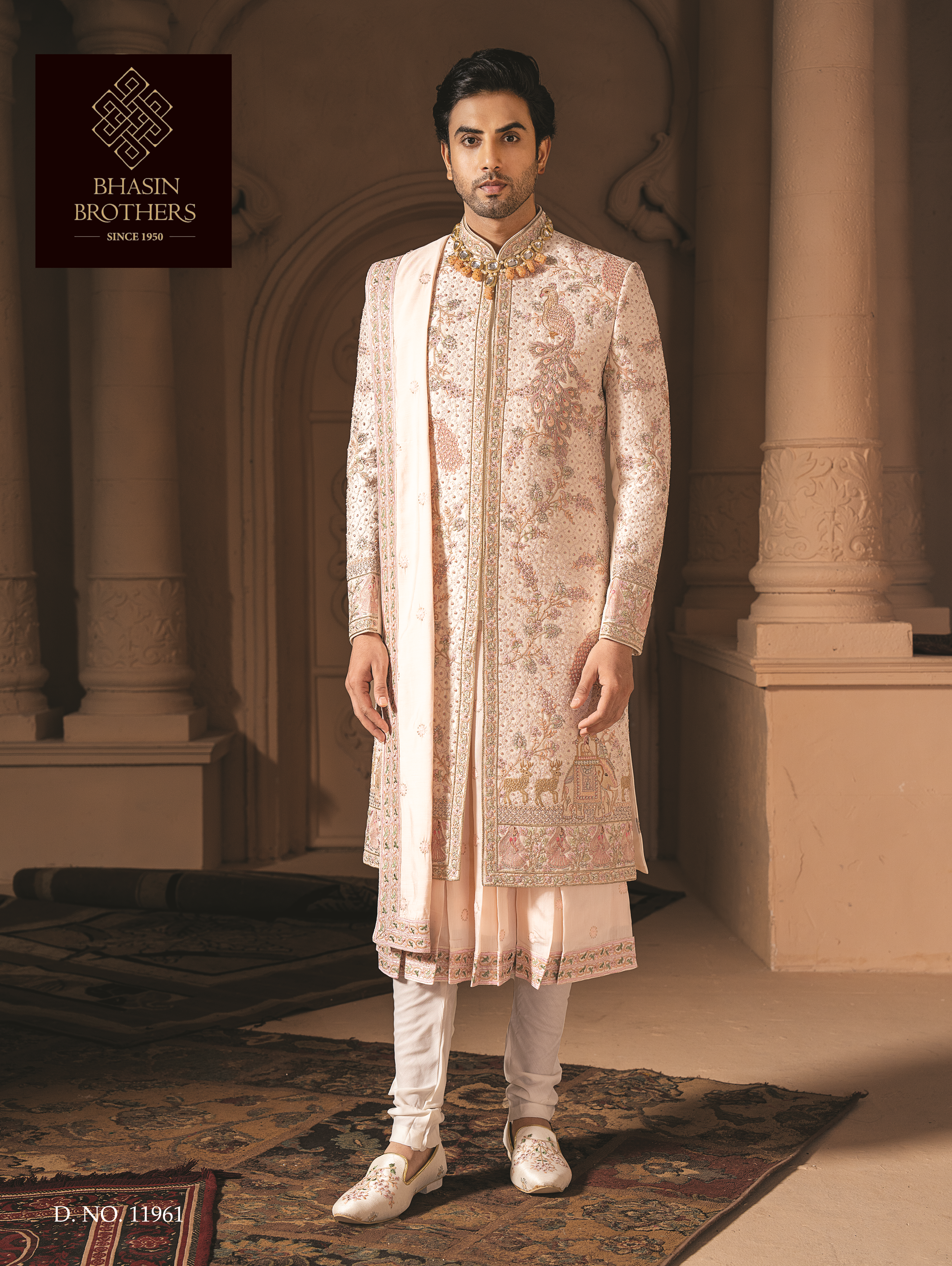 Pastel Pink Silk sherwani with floral embroidery (Sherwani set)