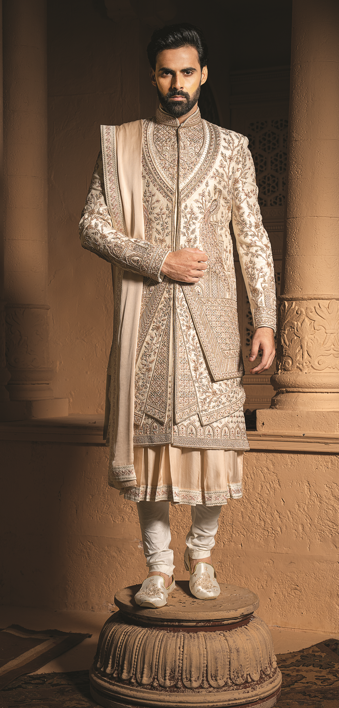 Gold Silk Sherwani with contrasting embroidery (accessories included)