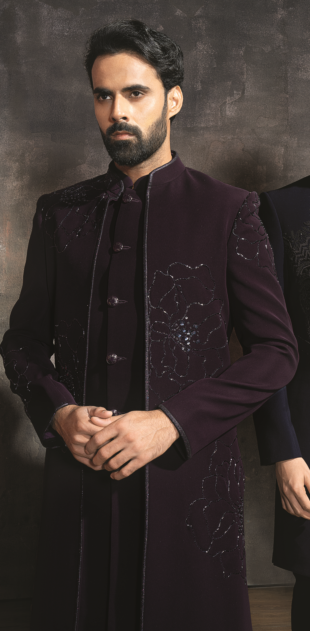 Violet indo-western Sherwani jacket set with embroidery