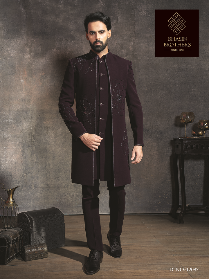 Violet indo-western Sherwani jacket set with embroidery