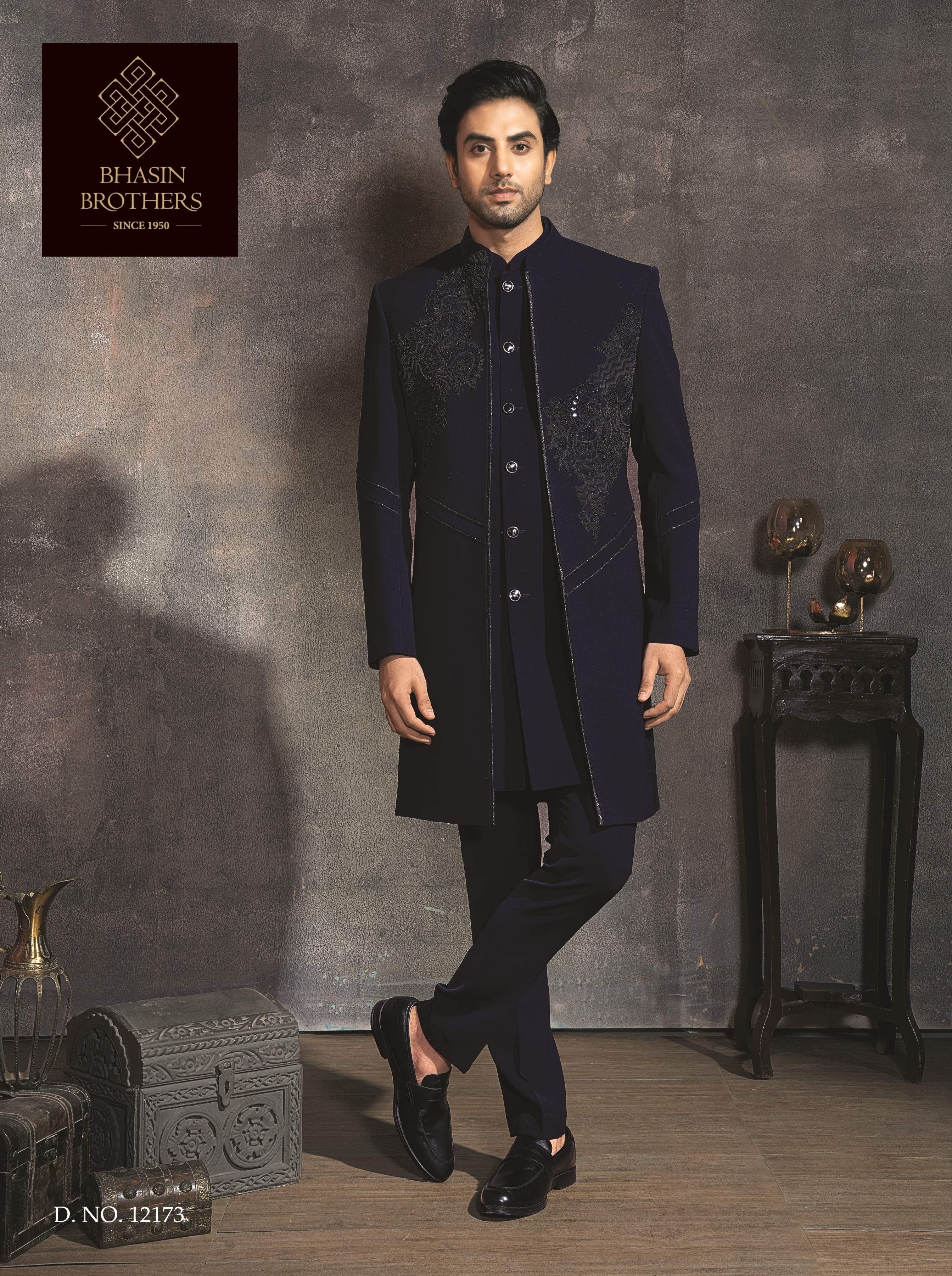 Blue velvet indo-western sherwanis with black embroidery