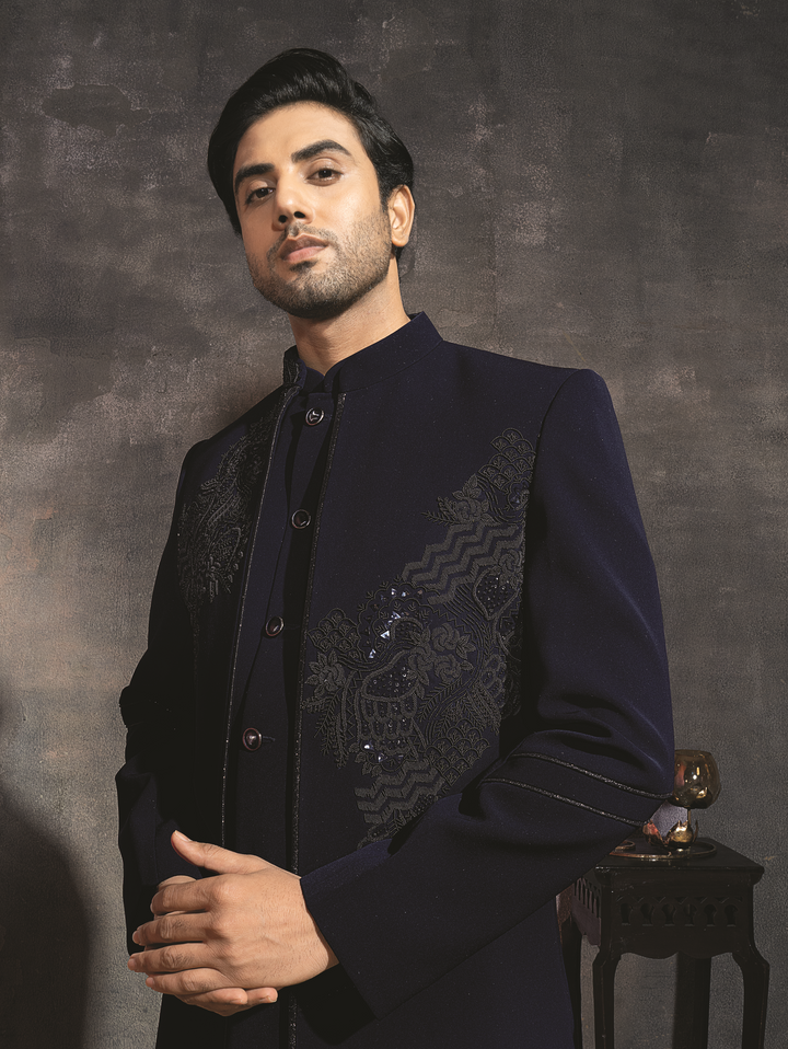 Blue velvet indo-western sherwanis with black embroidery