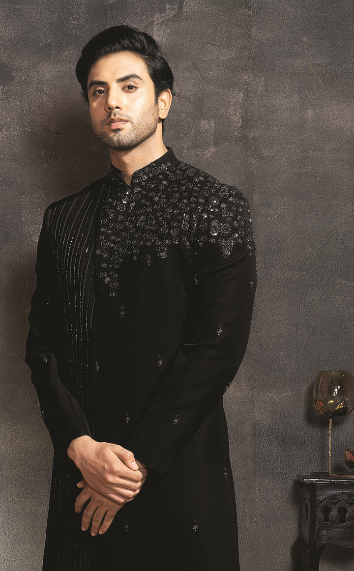 Black indo-western sherwani jacket set with cutdana embellishments