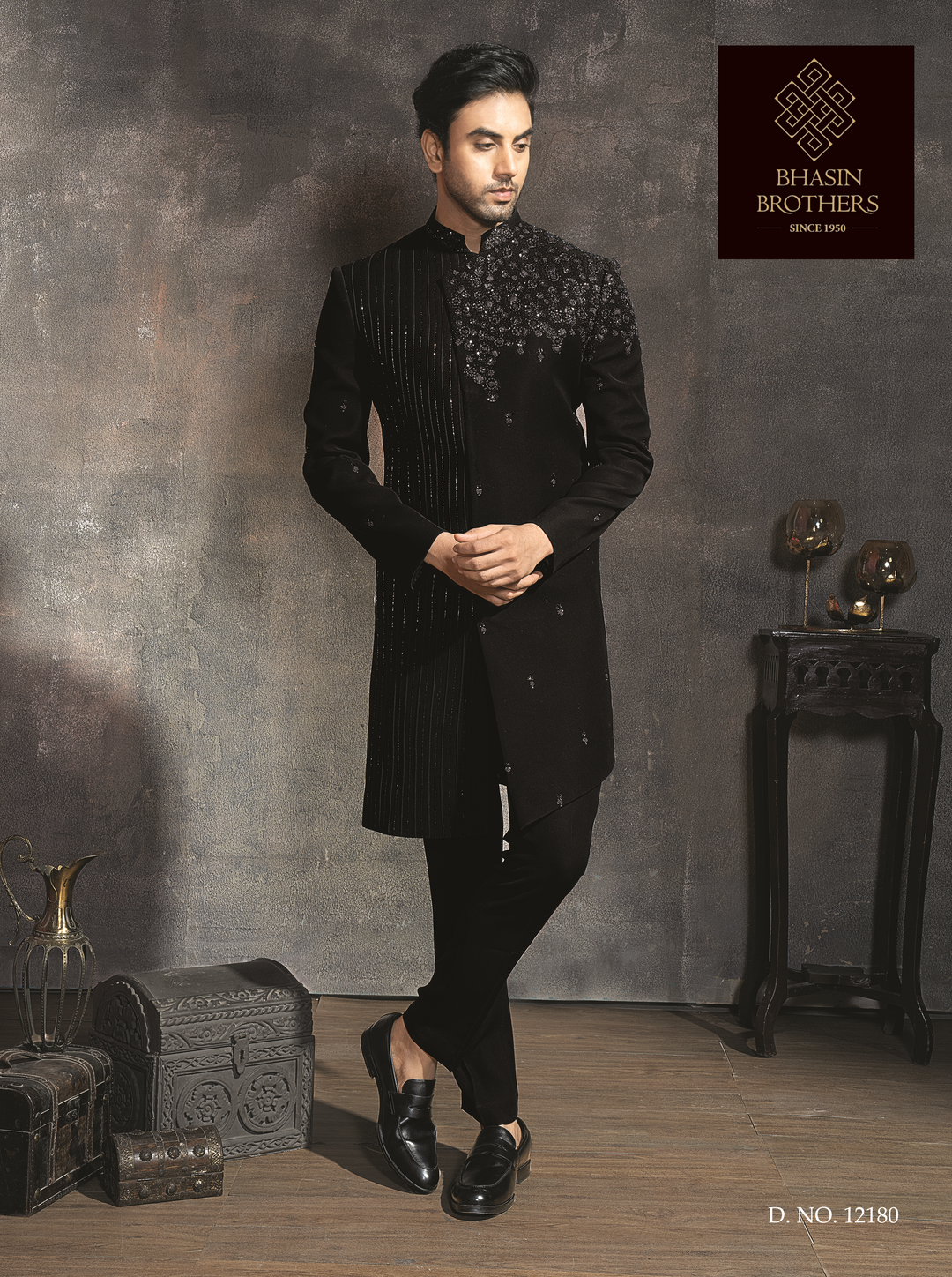 Black indo-western sherwani jacket set with cutdana embellishments