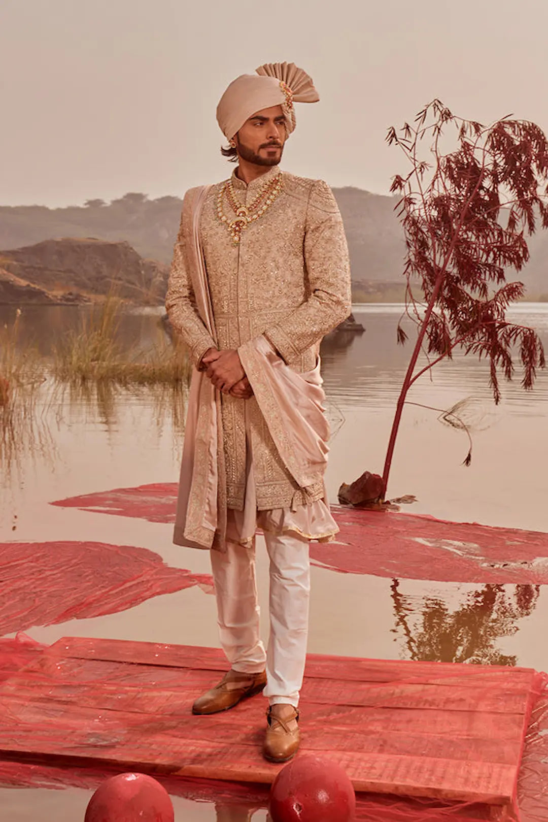 Peach tissue silk Sherwani with zardozi work