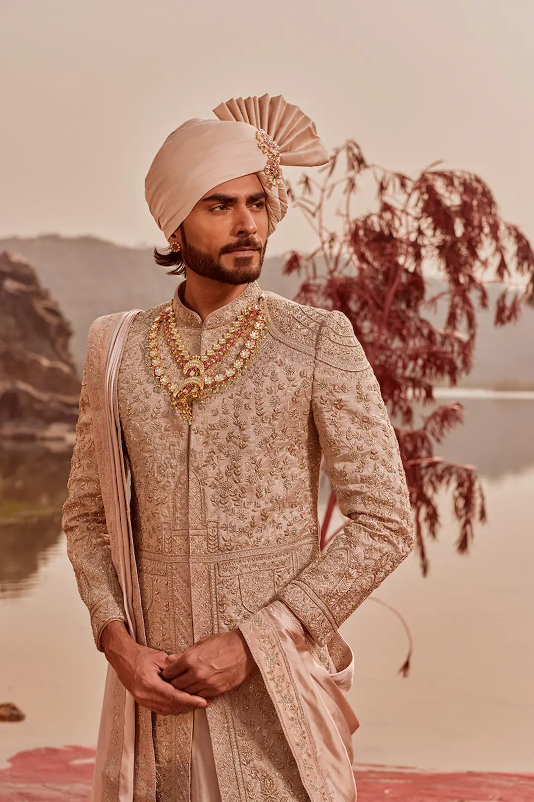 Peach tissue silk Sherwani with zardozi work