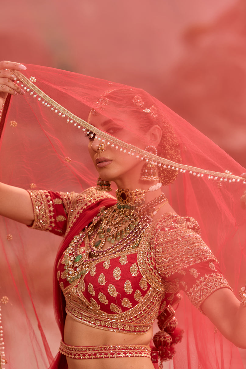 Red heavy Butti embellished bridal lehenga