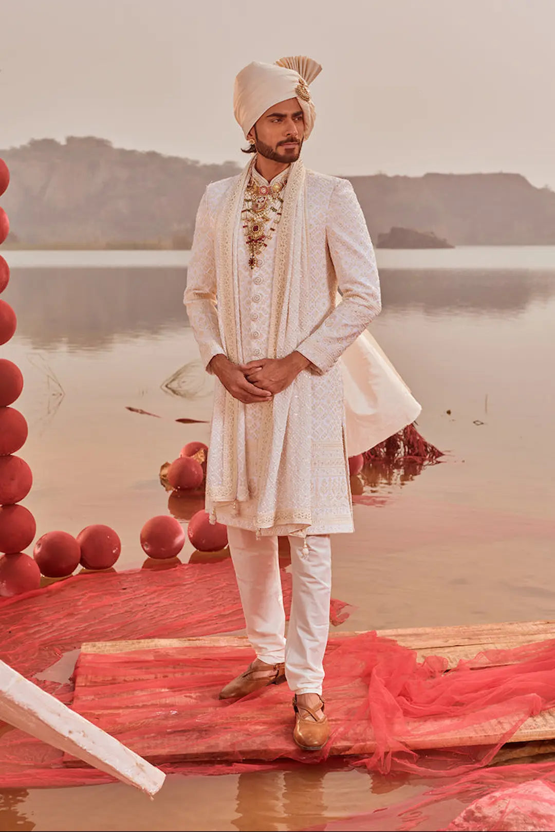 Ivory embroidered Sherwani with classic pearl detailing