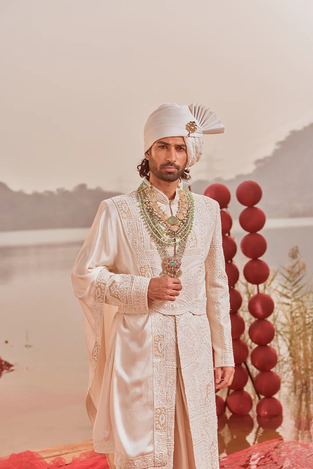 White pearl work embroidered Sherwani set