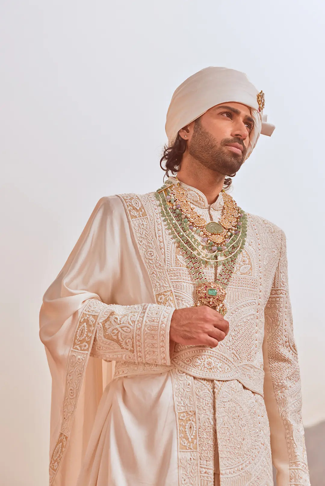 White pearl work embroidered Sherwani set